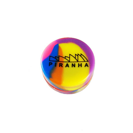 Piranha silicone container in assorted tie-dye colors with new logo, compact and travel-friendly