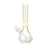Iridescent beaker water pipe with pixelate etching, 12.5" tall, 45-degree joint, front view