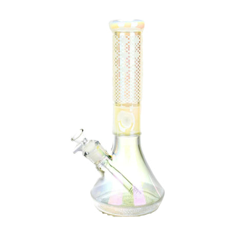 Iridescent beaker water pipe with pixelate etching, 12.5" tall, 45-degree joint, front view