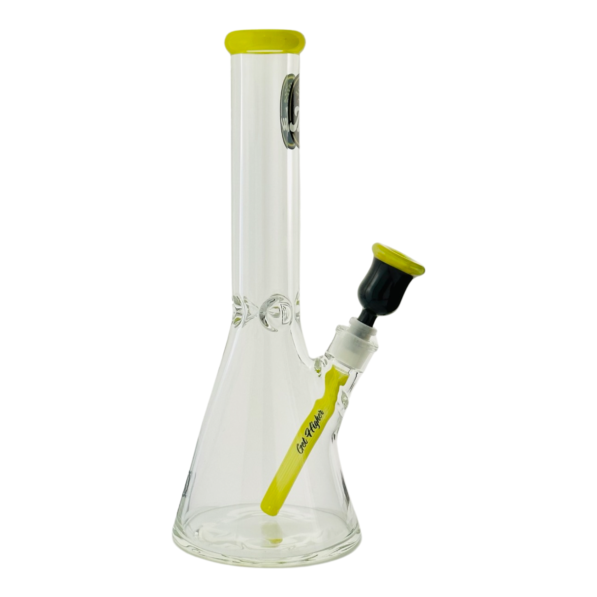 MAV Glass 15" Chiquita Accented Beaker Bong with yellow highlights and borosilicate glass, front view