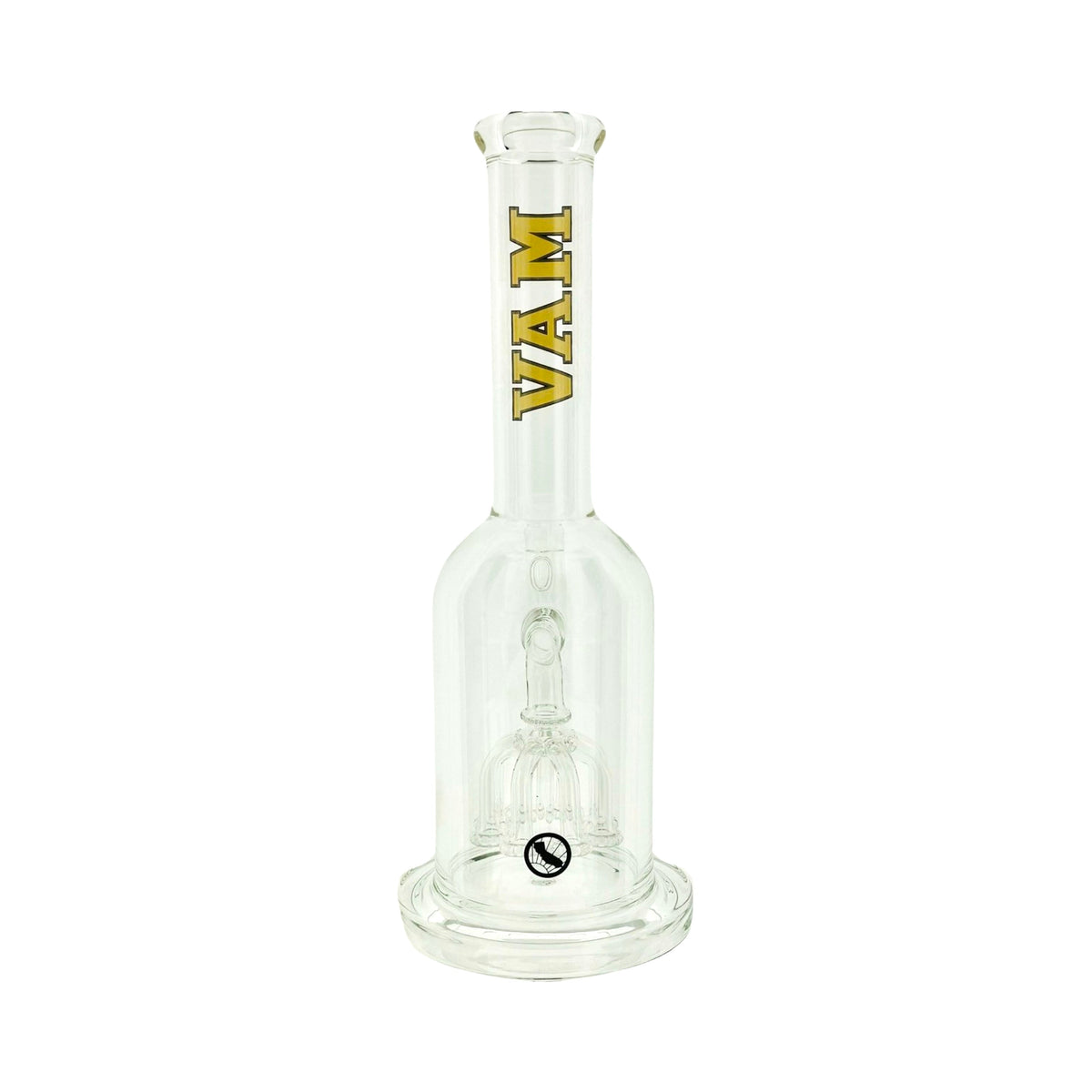 MAV Glass Octoperc Beast 14" shower perc bong, rear view with reversed gold MAV lettering and base decal