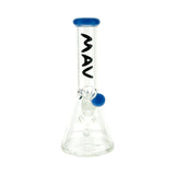 MAV Glass 8" Mini Beaker Bong with Blue Accents and 14mm Bowl, Front View on White Background