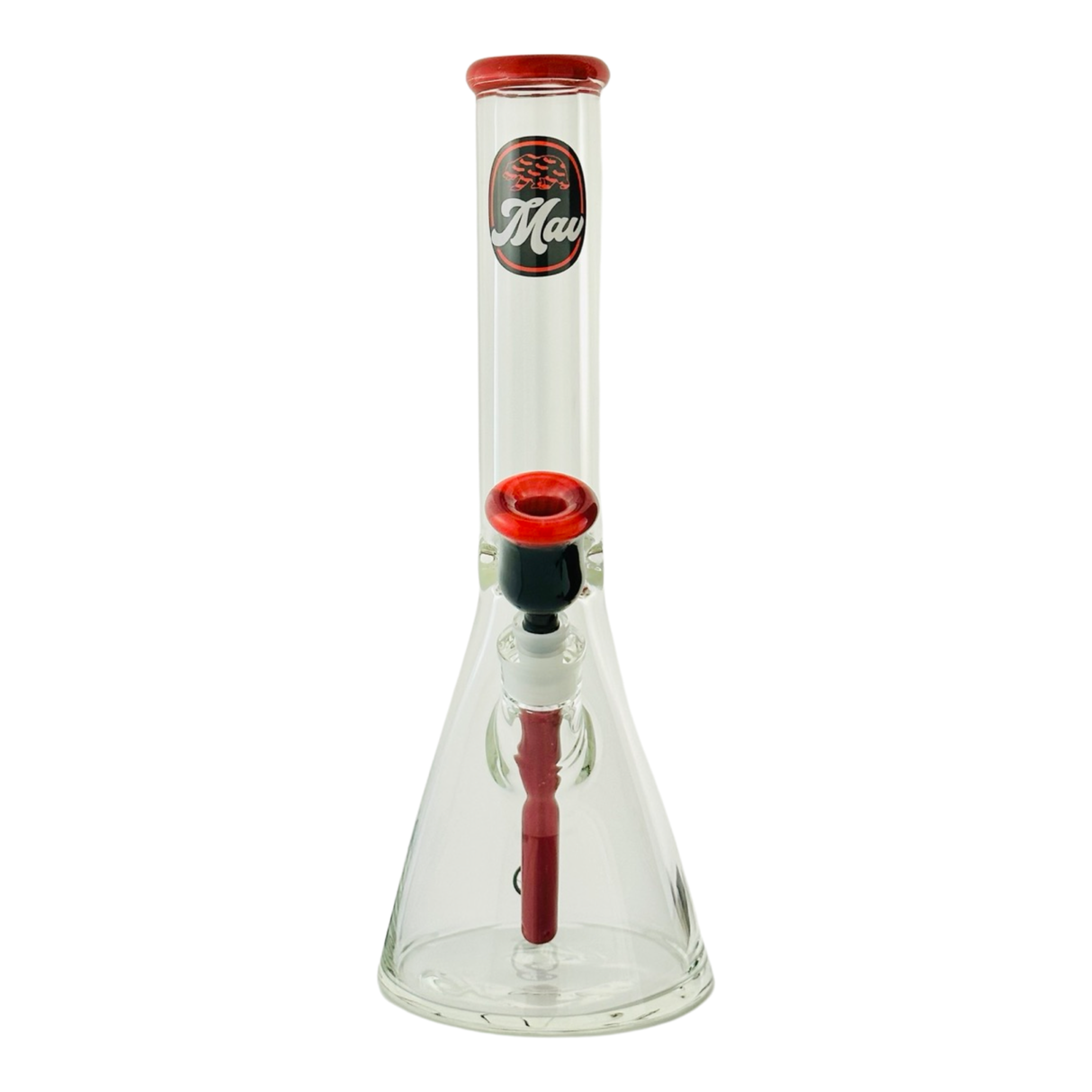 MAV Glass 15" Chiquita Beaker Bong with red accents and borosilicate glass, front view on white background