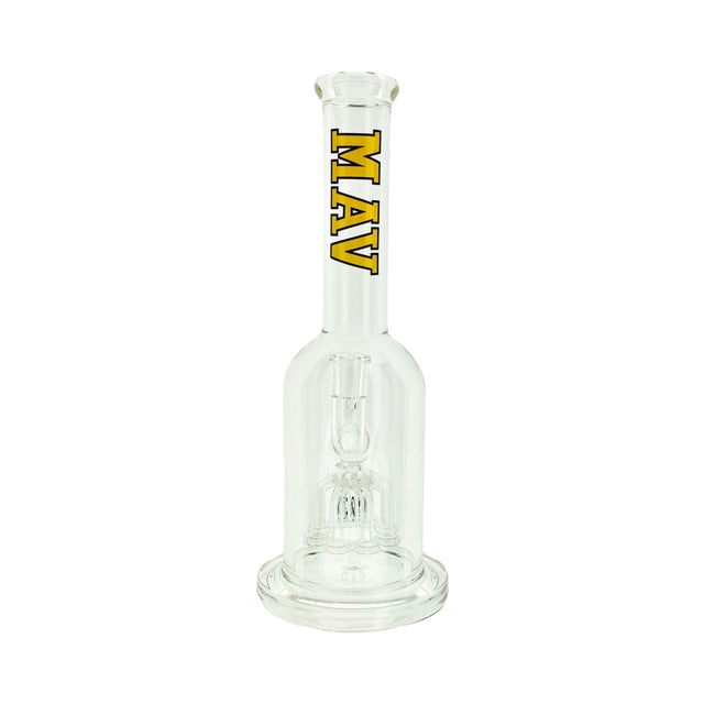 MAV Glass Octoperc Beast 14" shower perc bong, front view with gold MAV lettering on a clear glass tube
