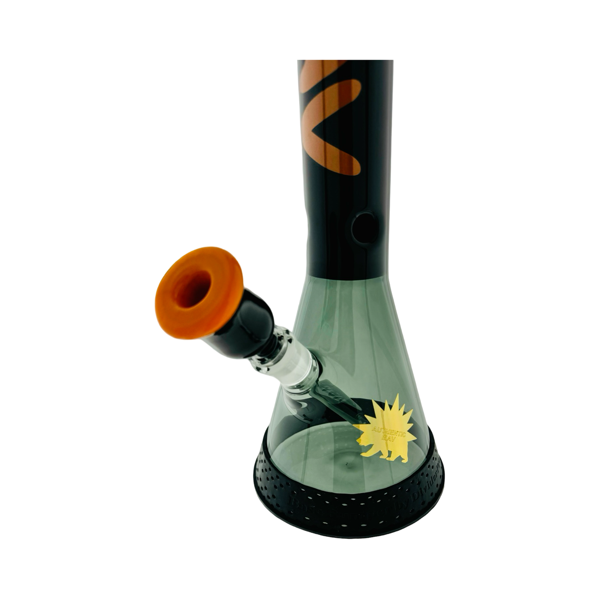 MAV Glass 18" Beaker Bong with orange black galaxy design and frog graphic, front view on white background