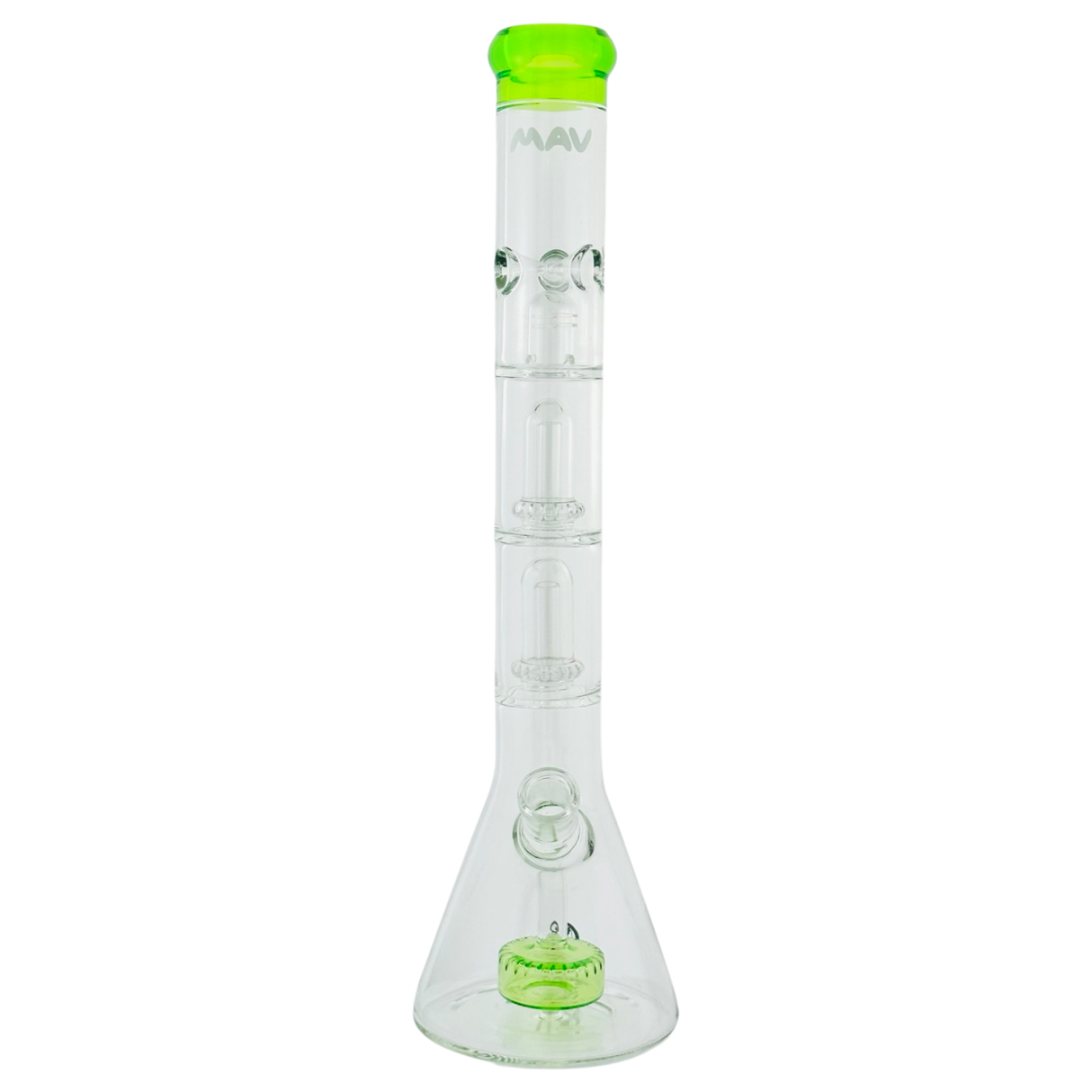 MAV Glass Inverted Slitted Puck to Double UFO Beaker Bong with Green Accents - Front View