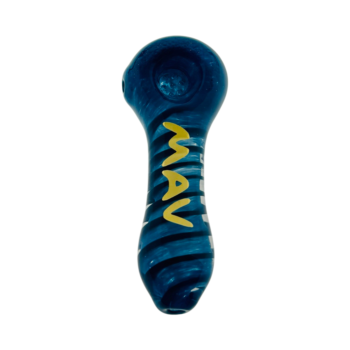 MAV Glass Twisted Frit Hand Pipe in Blue with Yellow MAV Logo - Top View