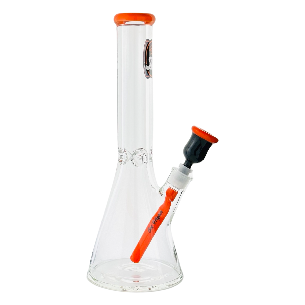 MAV Glass 15" Chiquita Beaker Bong with 9mm thickness and orange accents, front view on white background