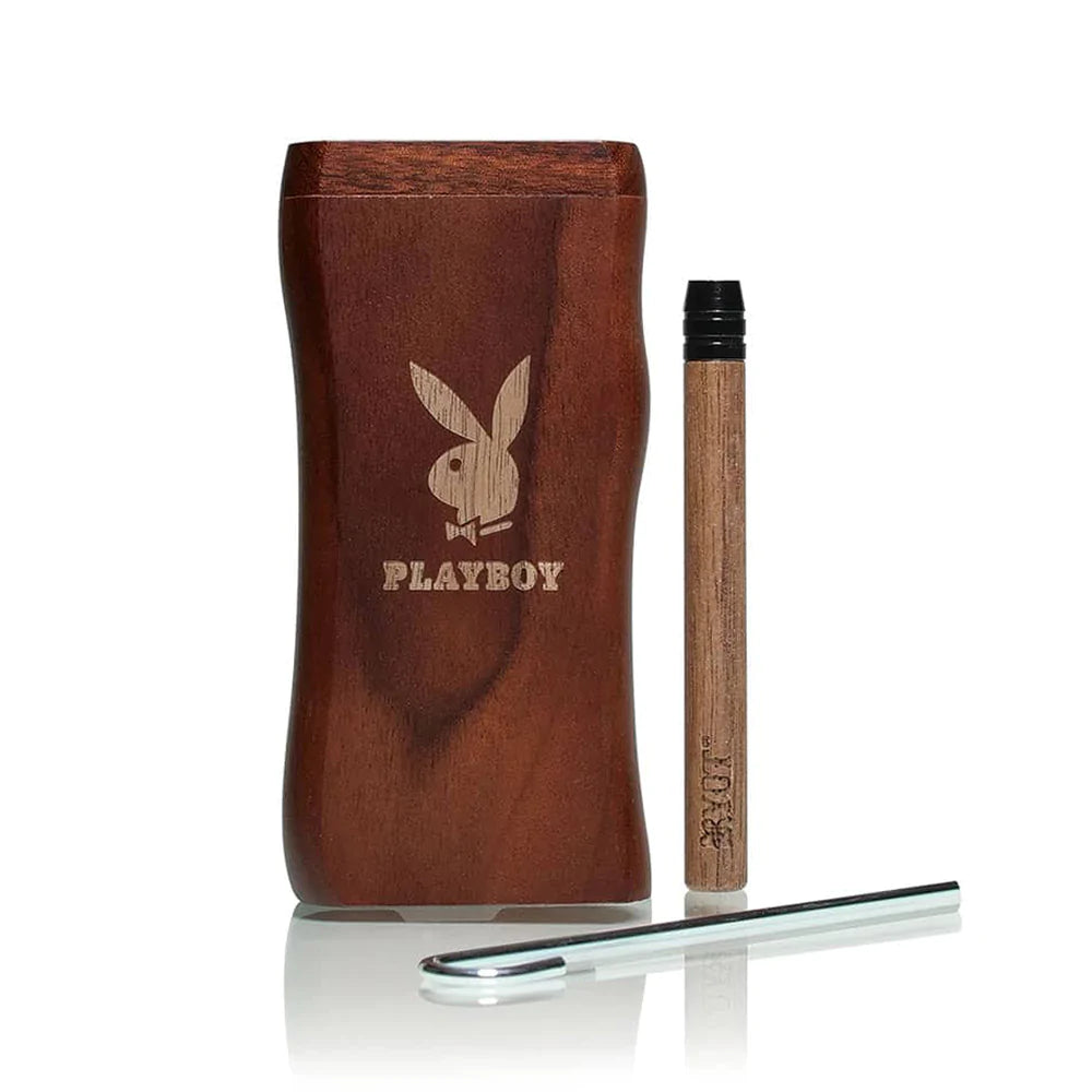 Playboy & RYOT Wooden Dugout with One Hitter, Front View, Portable Dry Herb Storage