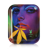 Playboy x RYOT Large Metal Rolling Tray featuring a vibrant face design with a cannabis leaf