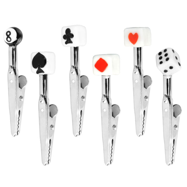 Assorted Poker N Dice Glass Memo Clips set, 3-inch size with various designs, ideal for rolling accessories
