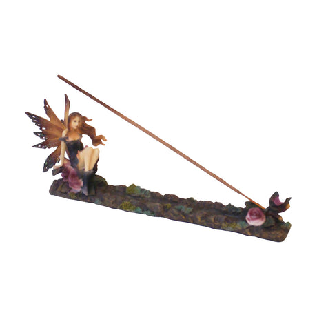 Polyresin fairy incense holder, 10" length with detailed wing and rose accents