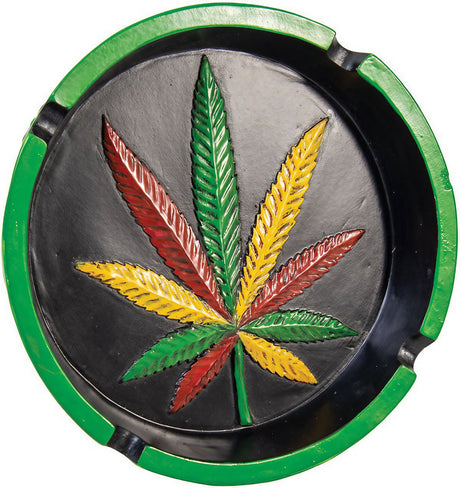 Rasta-colored Hemp Leaf design on Polyresin Round Ashtray, 6" diameter, top view