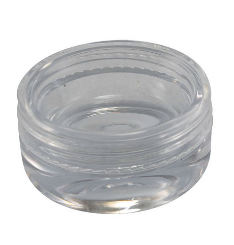 Clear polystyrene container 1g size, top view on white background, ideal for concentrates and dry herbs