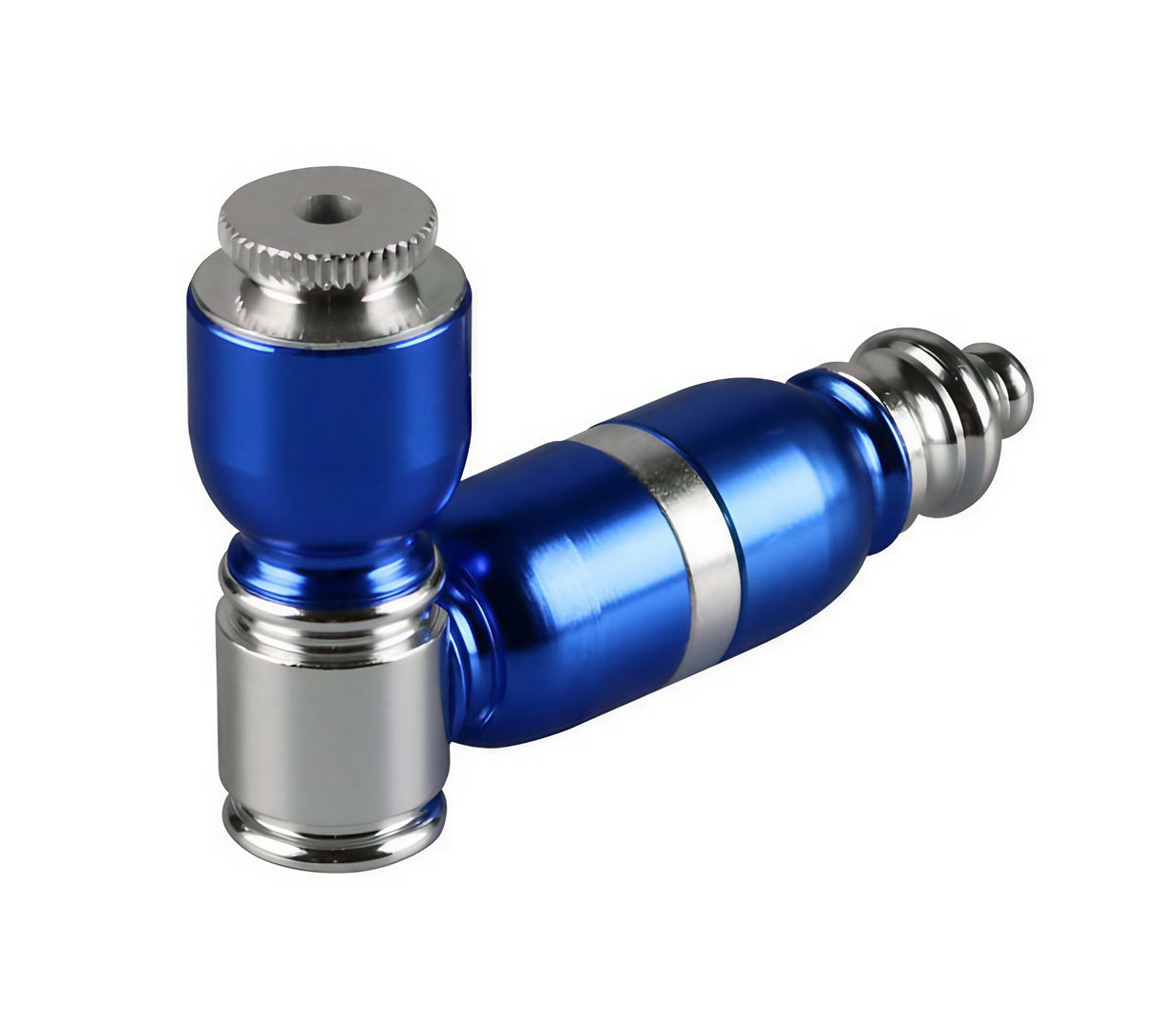 Compact blue and silver 3" portable metal hand pipe, easy for discreet use and travel