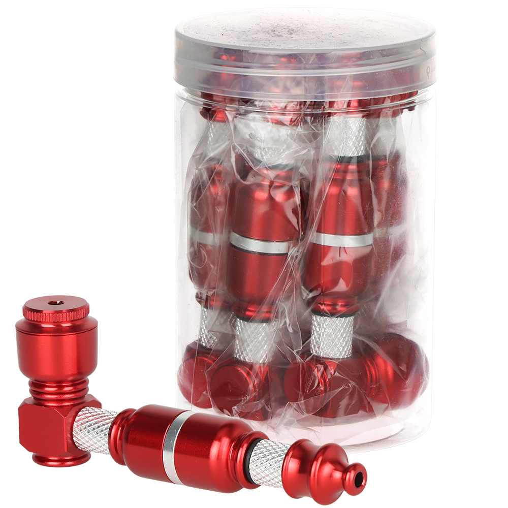 Red 3.75 inch portable metal hand pipe for dry herb, unbranded, sold as a 5-pack jar of pocket pipes