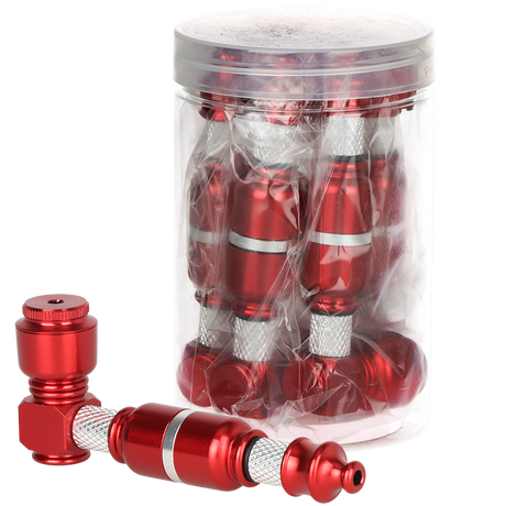 Red 3.75 inch portable metal hand pipe for dry herb, unbranded, sold as a 5-pack jar of pocket pipes
