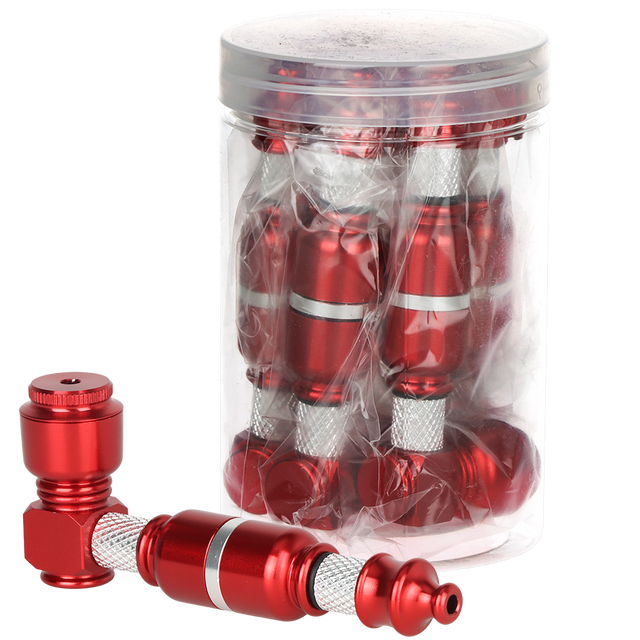 Red 3.75 inch portable metal hand pipe for dry herb, unbranded, sold as a 5-pack jar of pocket pipes