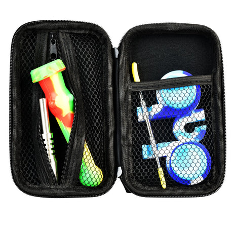 Portable Silicone Dab Travel Kit with Titanium Dab Straw and Storage Compartments Open View
