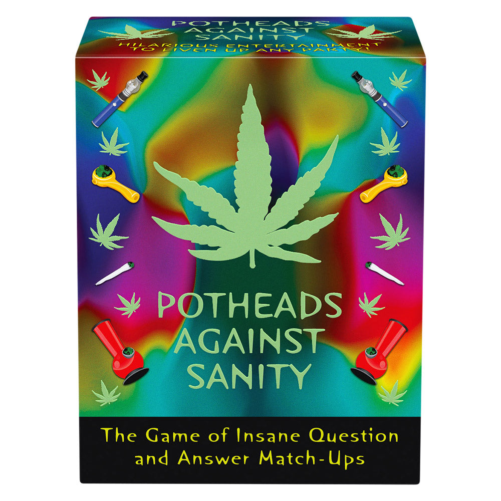 Potheads Against Sanity game box with vibrant cannabis leaf design, perfect for group fun