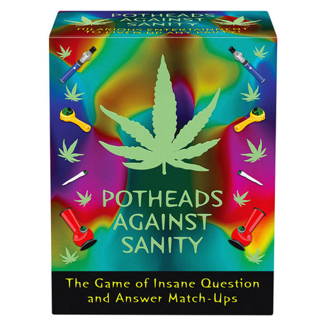 Potheads Against Sanity game box with vibrant cannabis leaf design, perfect for group fun