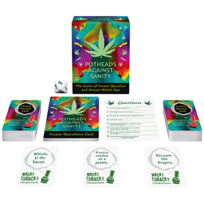 Potheads Against Sanity game spread out, showing colorful box, cards, and dice, top view