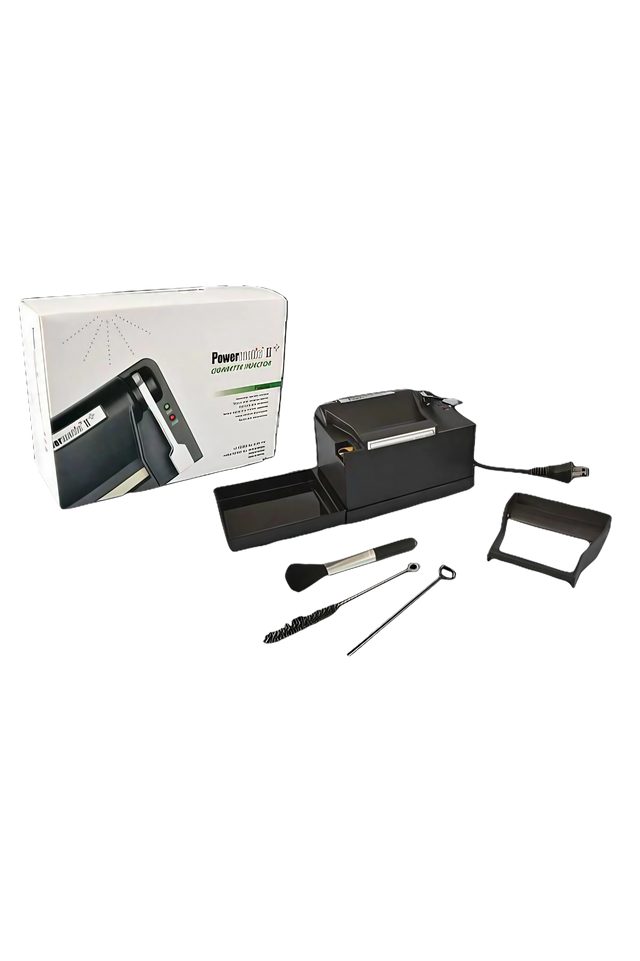 Powermatic II+ Electric Cigarette Injector Machine with accessories on white background
