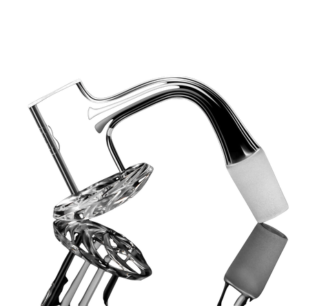 DANK BANGER Quartz Centrifuge Banger, 14mm 90°, Beveled Edge, Lab-Tested, on Black Background