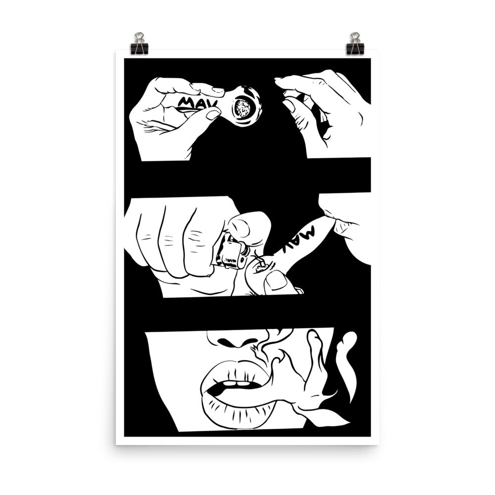 MAV Glass Pack it Poster featuring stylized smoking imagery in black and white, ideal for home decor