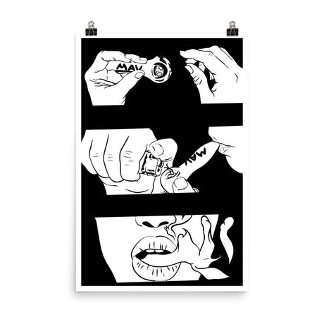 MAV Glass Pack it Poster featuring stylized smoking imagery in black and white, ideal for home decor