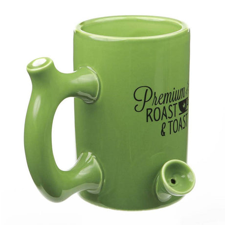 Green Premium Roast & Toast Ceramic Mug with built-in pipe, angled side view on white background