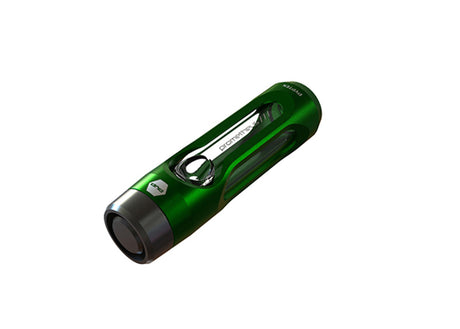 Pyptek Prometheus Dreamroller in green, compact aluminum and glass steamroller pipe, USA made, side view