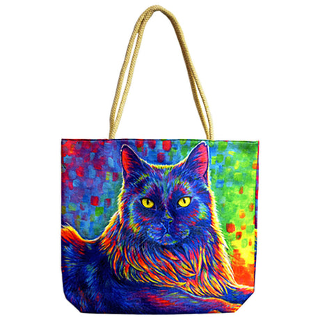 Colorful Psychedelic Rainbow Black Cat Tote Bag with Jute Rope Handles, 17"x15" Front View