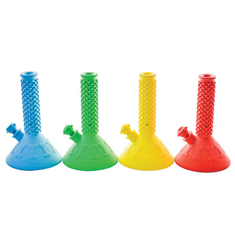 Puff Palz Beaker Buddy Dog Toys in blue, green, yellow, and red, front view on white background