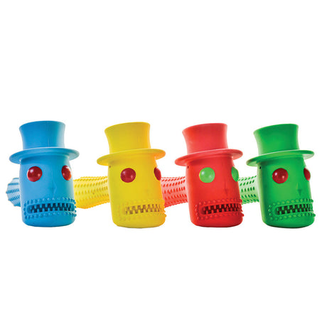 Puff Palz Hippie Hammer Dog Toys lined up, colorful with dental ridges for oral health