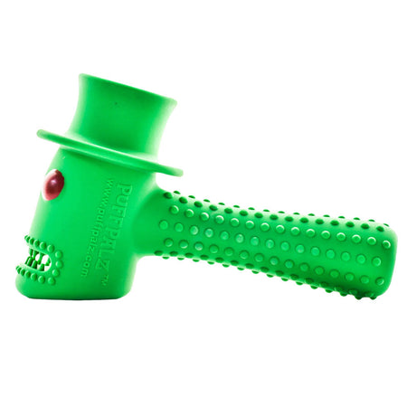 Puff Palz Hippie Hammer Dog Toy in green, side view, promoting dental health with textured surface