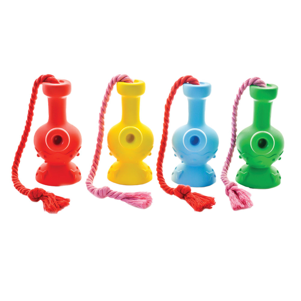 Puff Palz Tug & Toke Water Pipe Dog Toys in red, yellow, blue, and green with rope tassels