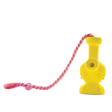 Puff Palz Tug & Toke Water Pipe Dog Toy in yellow, side view with pink rope, safe chew toy.