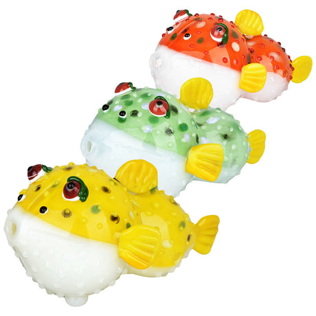 Puff Puff Puffer Fish Hand Pipes in red, green, and yellow, 4.75" borosilicate glass, top view