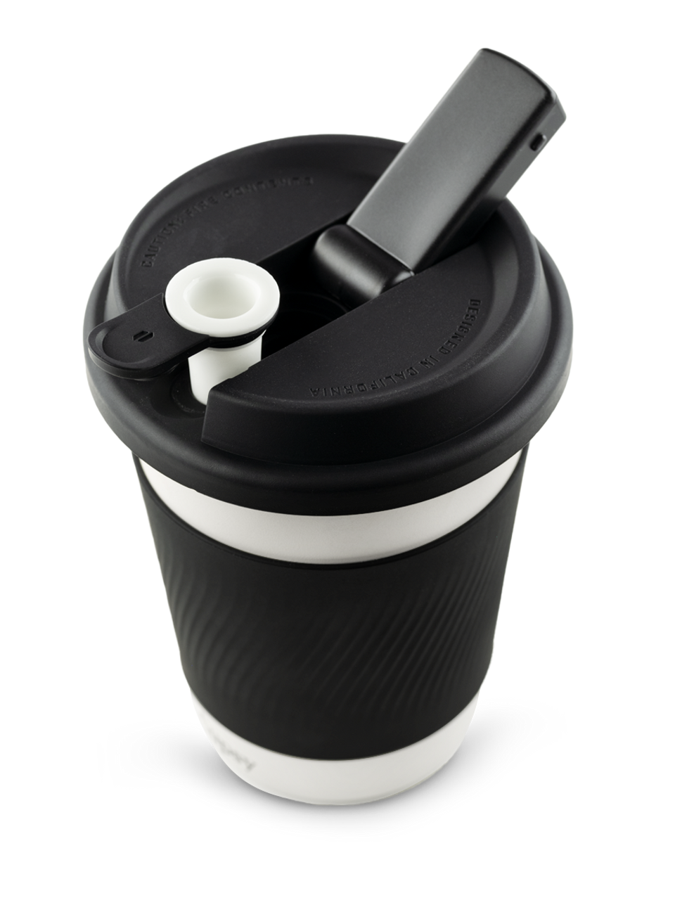 Puffco Cupsy coffee cup style water pipe with lid and straw, angled view on white background