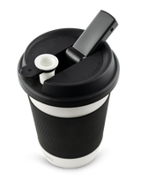 Puffco Cupsy coffee cup style water pipe with lid and straw, angled view on white background