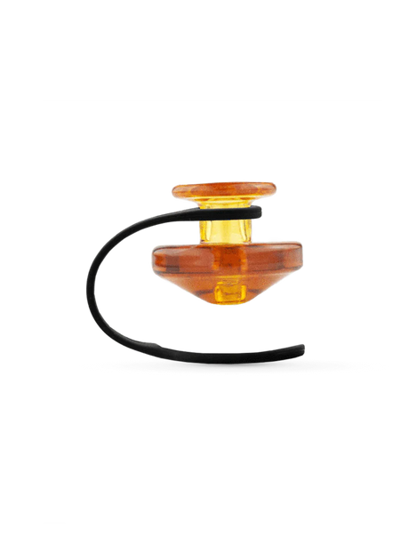 Puffco Peak Carb Cap in Sunset color with Tether on black background, essential for vaporizer airflow control