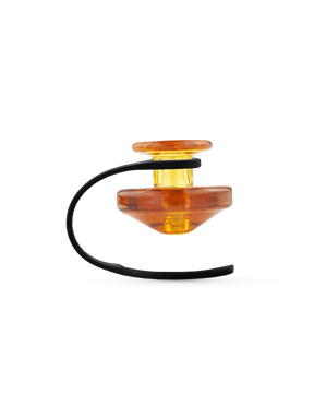 Puffco Peak Carb Cap in Sunset color with Tether on black background, essential for vaporizer airflow control