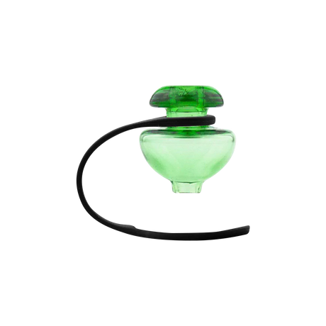 Puffco Peak green color ball carb cap and tether, top view on a white background
