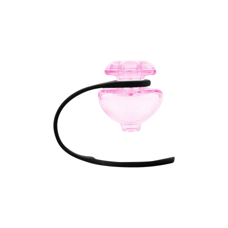 Puffco Peak Color Ball Carb Cap & Tether in pink borosilicate glass, side view on black background