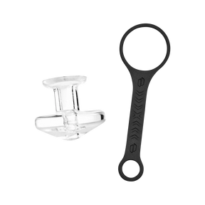 Puffco Peak clear borosilicate glass carb cap with black tether, side view on white background