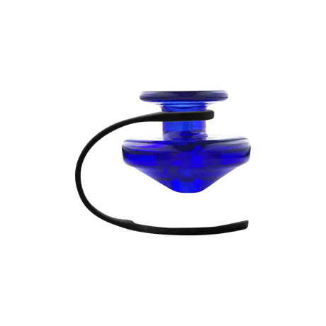 Puffco Peak blue carb cap and black tether, close-up side view, for precise vapor control