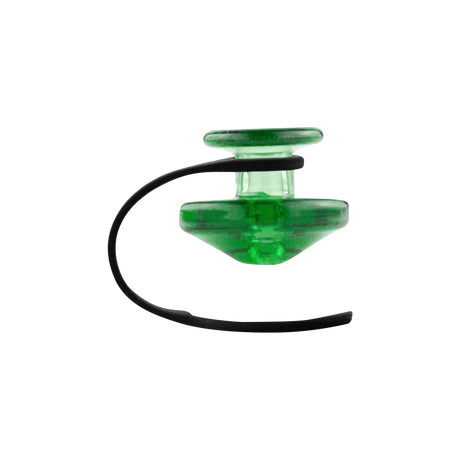 Puffco Peak green carb cap and tether for vaporizers, close-up side view on white background
