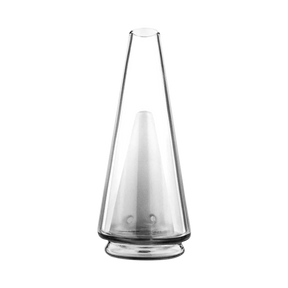 Puffco Peak clear borosilicate glass attachment for vaporizers, front view on white background