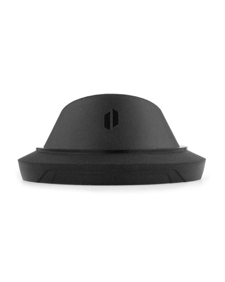 Puffco Peak Glass Stand in black silicone and steel, front view on a white background, ideal for vape organization